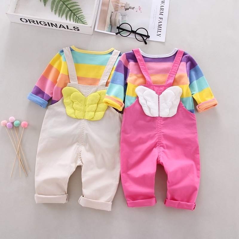 

Autumn Baby Girls Clothes 2pcs Long Sleeve Striped Print T-shirt Tops+Strap Pants With Wings Design Casual Outfits Set 201031