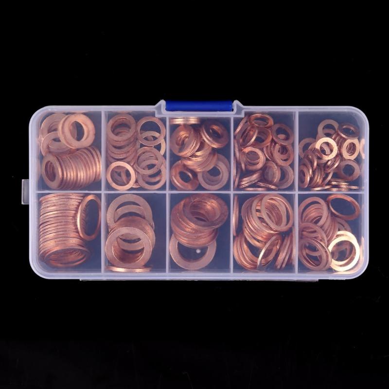 

200pcs M5-M14 Solid Copper Washers Flat Ring Sump Plug Oil Seal Assorted Set Washer Hardware Accessories Kit with Case