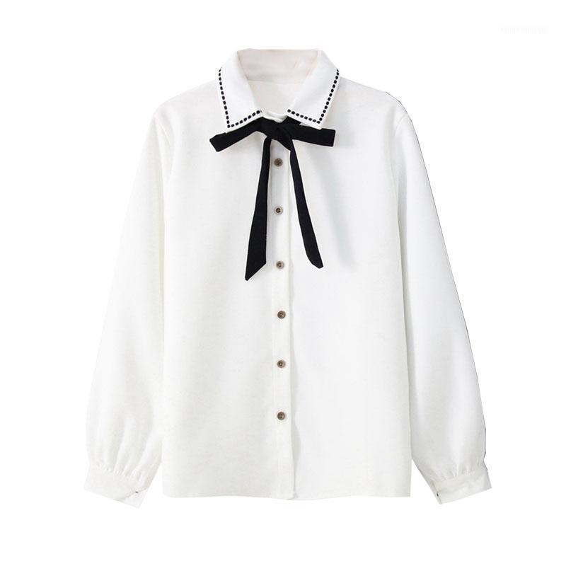 

Preppy Style Long Sleeve Bow Shirt Women 2021 Spring New Embroidery Retro Loose Temperament Shirts 20121561, Blue
