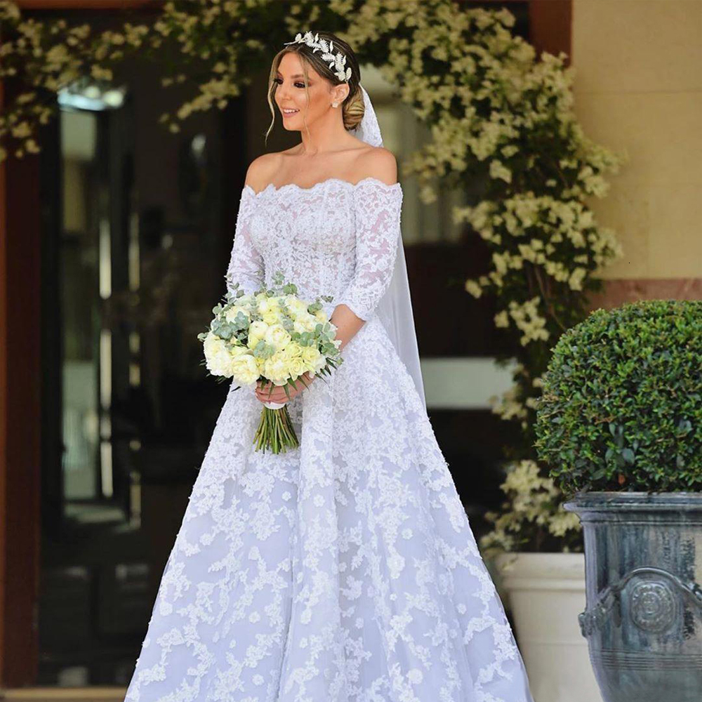 

2021 New Middle Eastern Muslim 3d-floral Frizzy Ribbons Dressed As Bride Illusion Sleeve Wedding Gowns Custom Made 81US, White