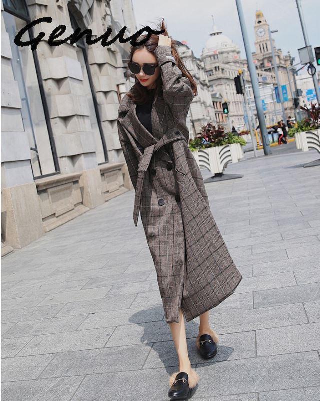 

Genuo New 2020 Tartan wool coat female long section Korean 2020 new autumn and winter models Slim waist check woolen coat, Black