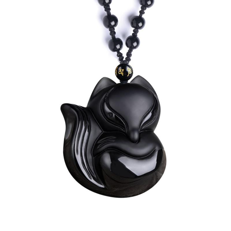 

FYJS Unique Handmade Weave Lovely Shape Pendant Black Obsidian Necklace with Round Beads Chain Jewelry