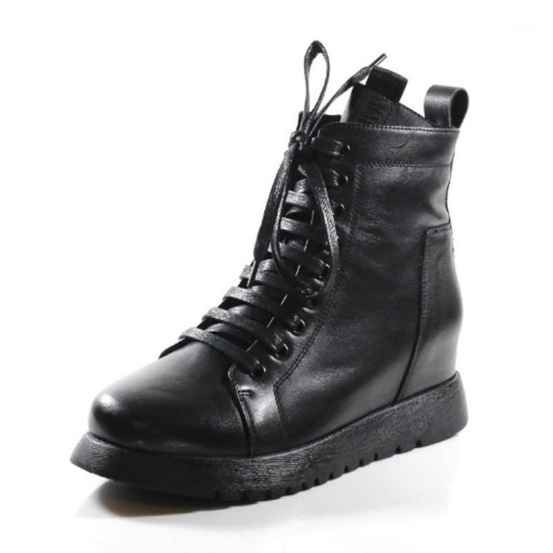 

Female Genuine Cow Leather Woman Shoes Ankle Black Boots Lace-up Low Heels Height Height Increasing Riding Normal Size 20201