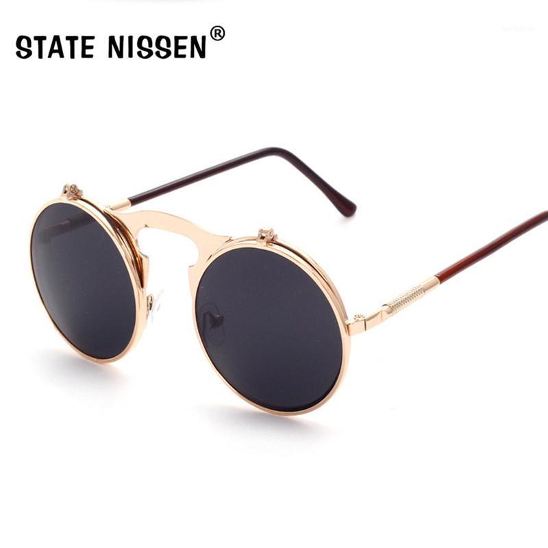 

STATE NISSEN Vintage Steampunk Sunglasses Women Men Round DesignSteam Punk Metal Clamshell Sunglasses Female Mirror Sun Glasses1