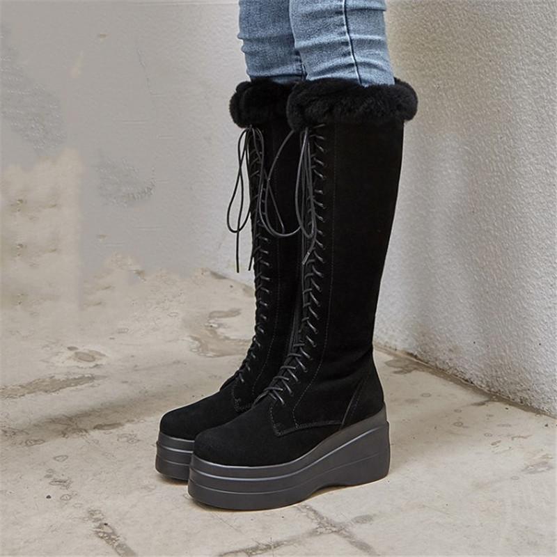 

Boots PXELENA Luxury Real Fur Snow Women Knee High Lace Up Cow Suede Wedge Heels Punk Rock Gothic Long Winter Warm Shoes, Black