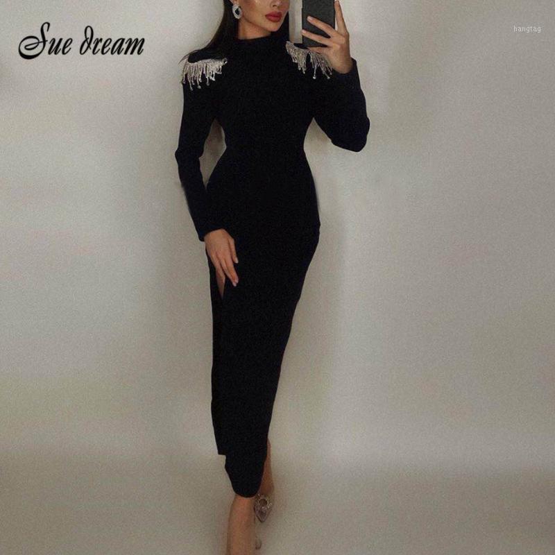 

2020 Autumn New Fashion Women' Diamond Long-Sleeved Backless Tassel Sexy Split Long Dress Party Club Bandage Dress Vestidos1, Black