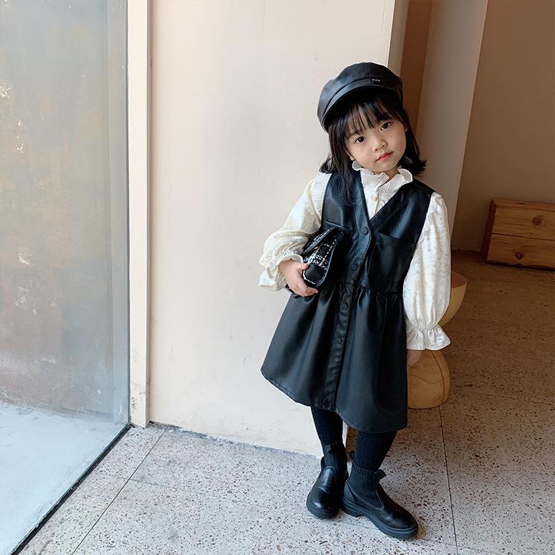 

2020 Autumn Winter New Korea Style Baby Girls Pu Leather Dress Fashion Kids Girls Jumper Dresses 2-7 Y Kids Dresses for, Black