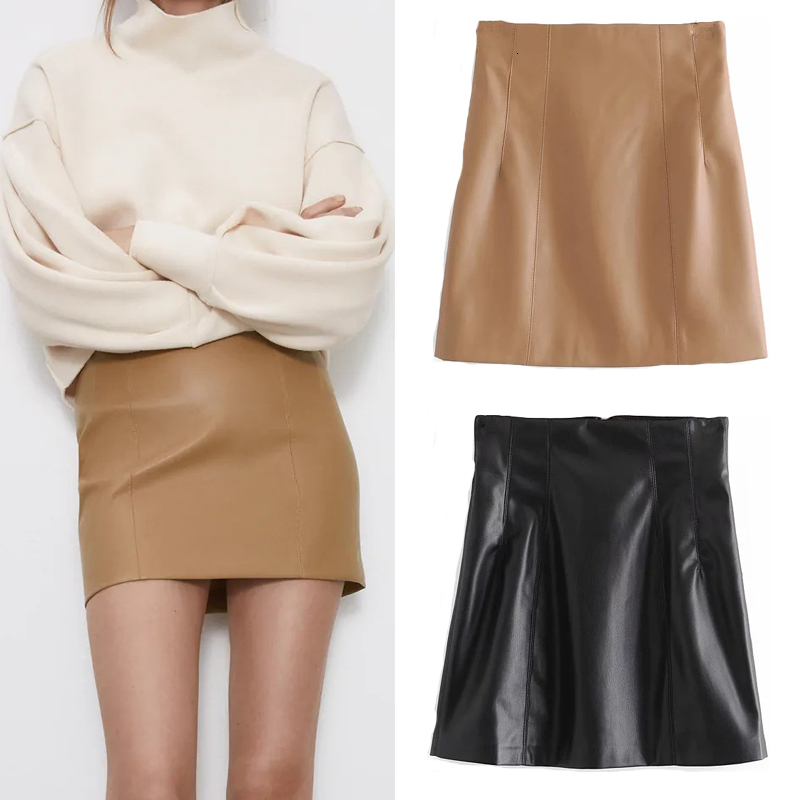 

2021 New Camel Black Faux Leather Mini Skirts Womens Winter A-line High Waist Office Ladies Vintage Elegant Skirt Tyje