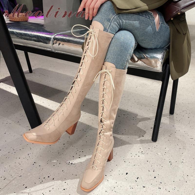 

Meotina Long Boots Women Shoes Square Toe Block Heels Knee High Boots Cross Tied High Heel Female Autumn Winter Apricot 401, Black synthetic lin