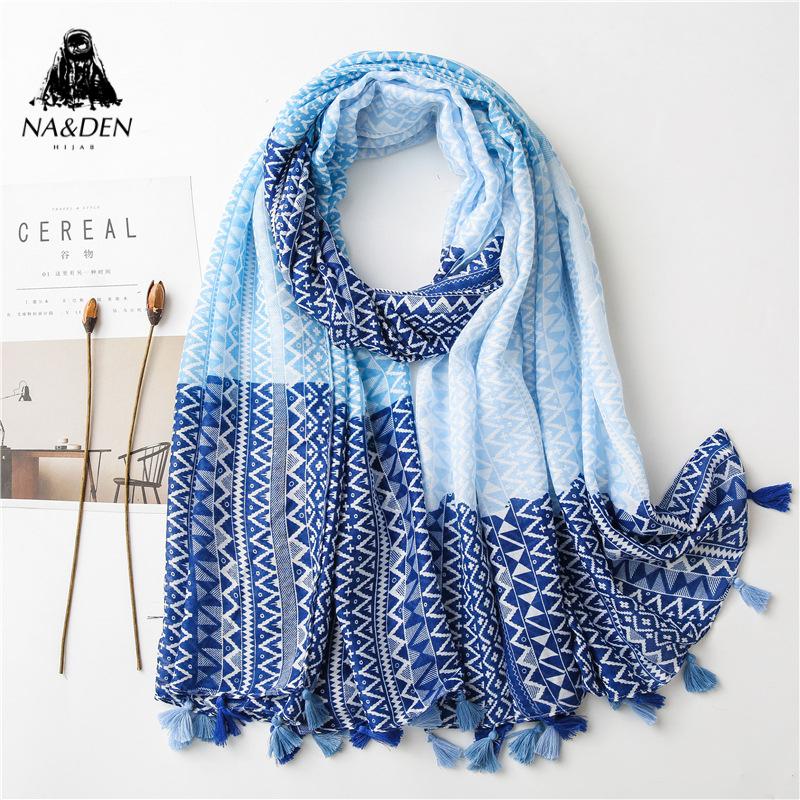 

Fashion geometry printing color stitching scarf with tassels hijab kaleidoscopic shawl soft turban new women muslim hijabs