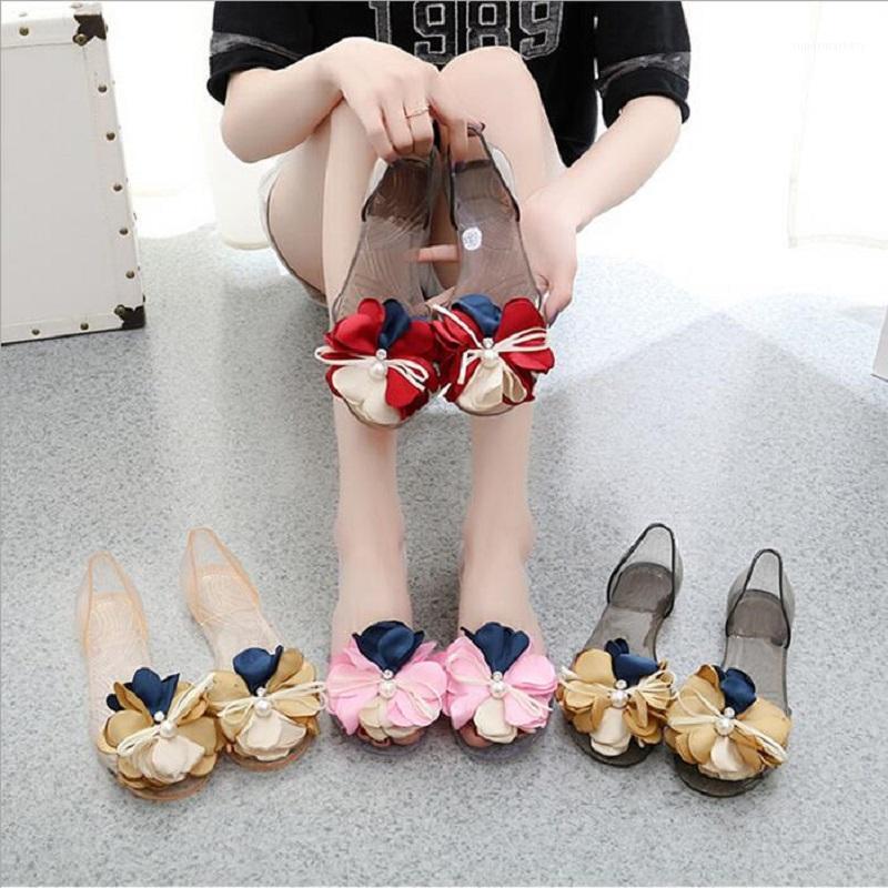 

Summer New Fashion Women Flowers Bowknot Peep Toe Pearl Beach Sandals Ladies Crystal Slip-On Shallow Jelly Shoes Flats 202004031, Red