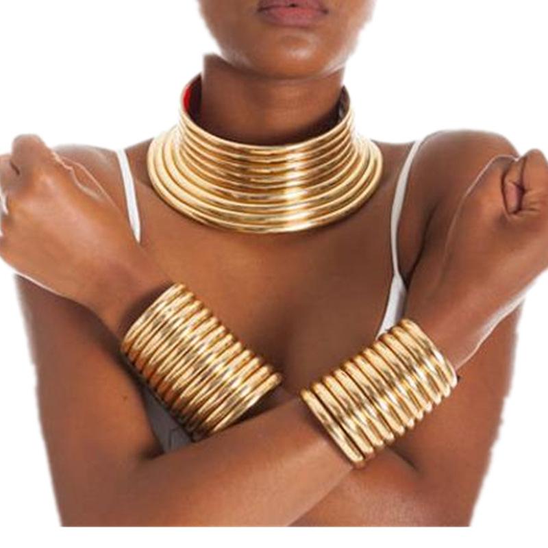 

LZHLQ 2020 Fashion African Punk Style Stripe Bangle Women Metal Plated Wide Bangle Maxi Jewelry Bracelet