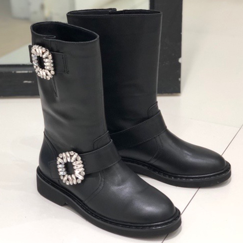 

Crystal Luxury Black Mid-Calf Boots Spring Autumn Brand Design Round Toe Leather Women Shoes Solid Slip-On Female Boots, No.1