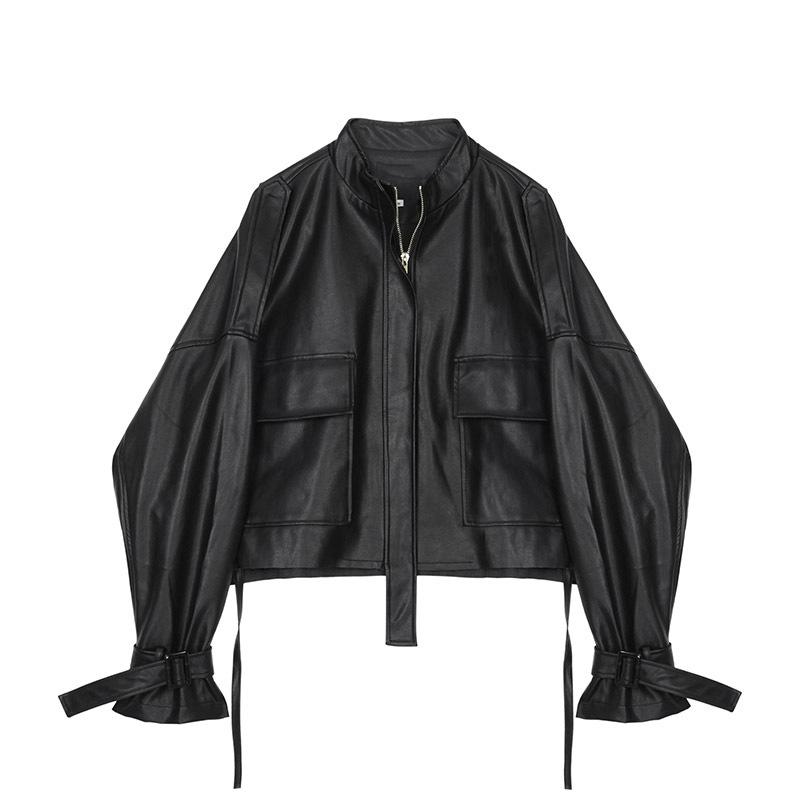

Short Drawstring Bandage Cloth Female Leather Jacket Long Sleeve Classic Women' Leather Jacket New 2020 Spring Women, Black