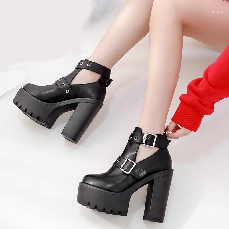 

YMECHIC 2021 Autumn Date Ankle Buckle Strap Platform Heels Black Thick Platforms Block Super High Heel Pumps Gothic Punk Shoes1