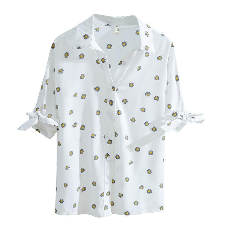 

Women Spring Summer Style Chiffon Blouses Shirts Lady Casual Half Sleeve Daisy printed Blusas Tops ZZ0397, Black