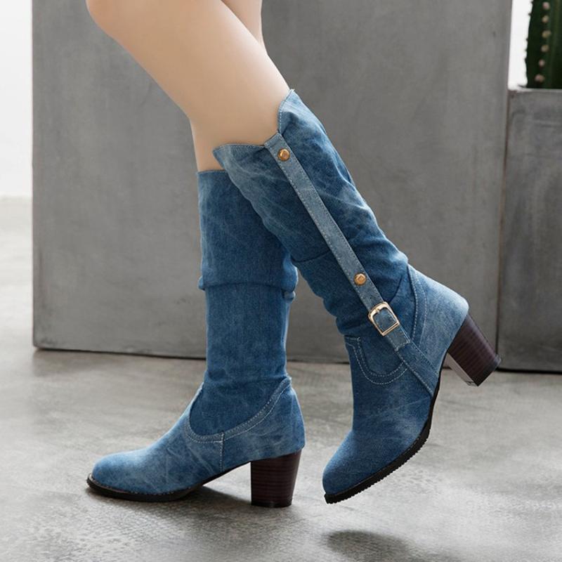 

JAYCOSIN 2020 Fashion Boots Women Autumn Winter Denim Women Pointed Toe Cowboy Style High Heels Shoes Squraed Heel Mid Calf Boot, Bu