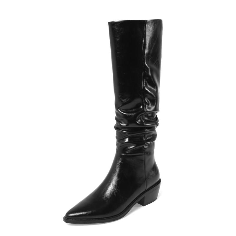 

Split Leather Knee High Boots Women Winter Mid Square Heel Ladies Shoes G333 Woman Zipper Black Beige Brown Pointed Toe Boots, Beige pu inside