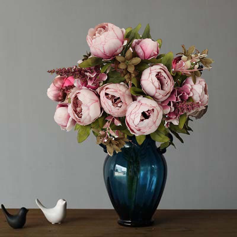 

13 heads artificial peony flowers Fake Leaf Wedding silk Rose Home Party Decoration Bouquet flower European Home Festival, Color 6