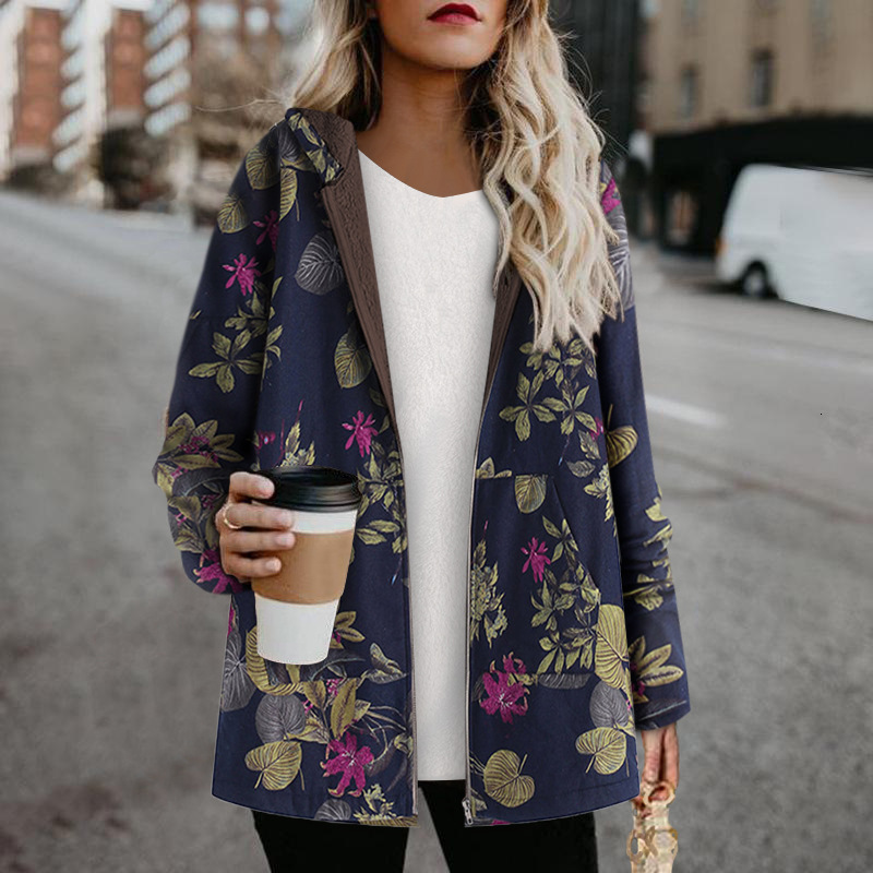 

2021 New Warm Floral Hooded Flower Print Cashmere Thicken Vintage Coats Winter Padded Jacket Women Parkas Mhij, Orange