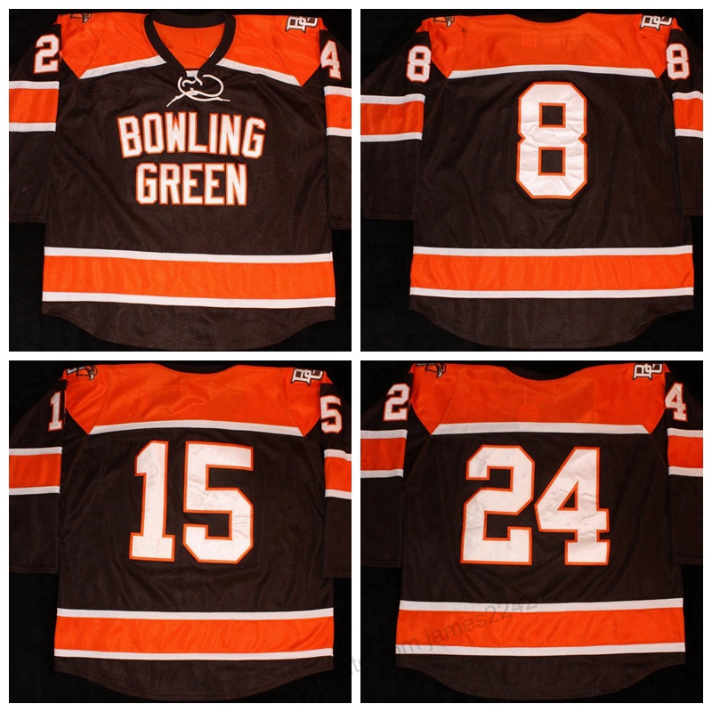 

Cheap Custom Retro Bowling Green State Univ #8 Jose Delgadilo #24 Ben Greiner #15 Hockey Jersey Men's Stitched Size 2XS-5XL Name Or Number, 15#brown