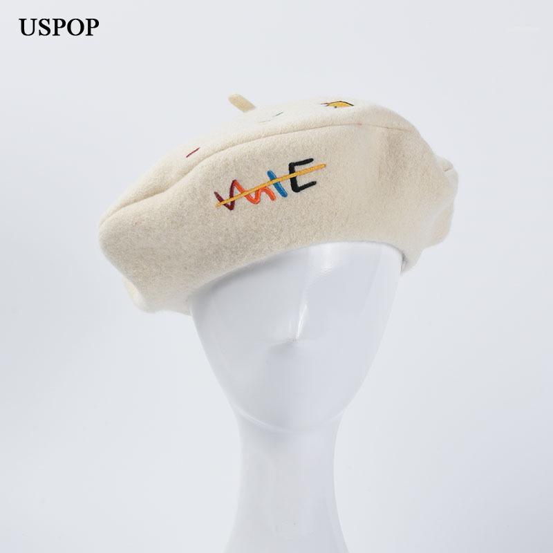 

USPOP New Winter Berets Women Embroidery Beret Thick Warm Wool Hats1, White