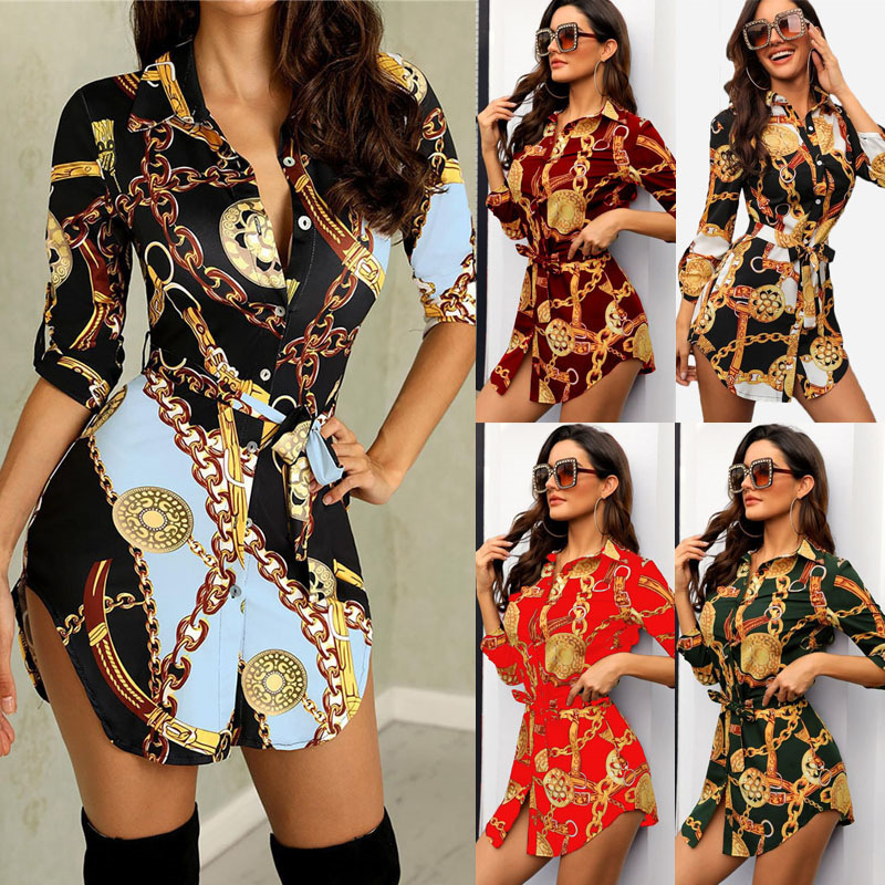 

Women Sexy Blouses Middle Sleeve Chain Print Elegant Dresses Casual Top Blusas Chemise Female Tops, Black