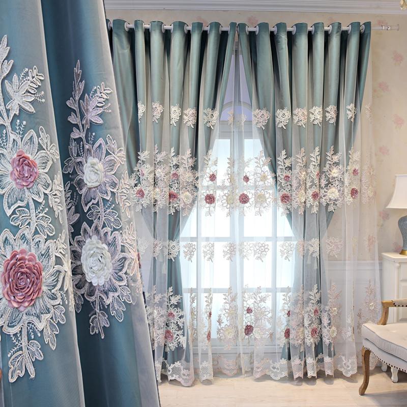 

High grade European embossed embroidery double green cloth gauze integrated living room bedroom balcony shading curtain
