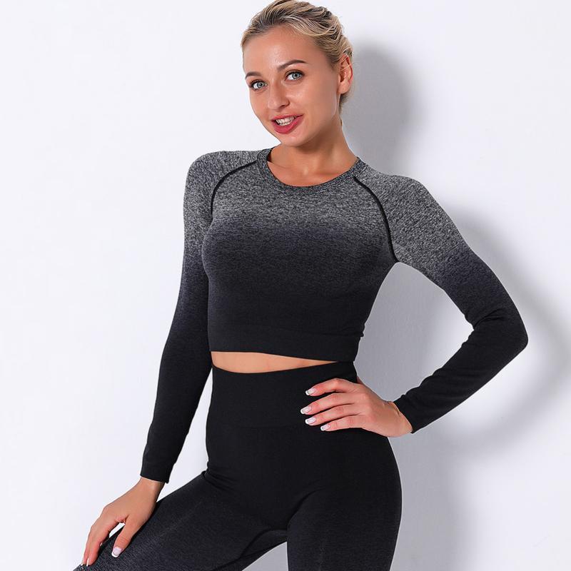 

Gradient Ramp Seamless Yoga Shirts Stretch Long Sleeve Crop Breathable Gym T-shirt Running Fitness Sportswear Workout Tops1, Z206802