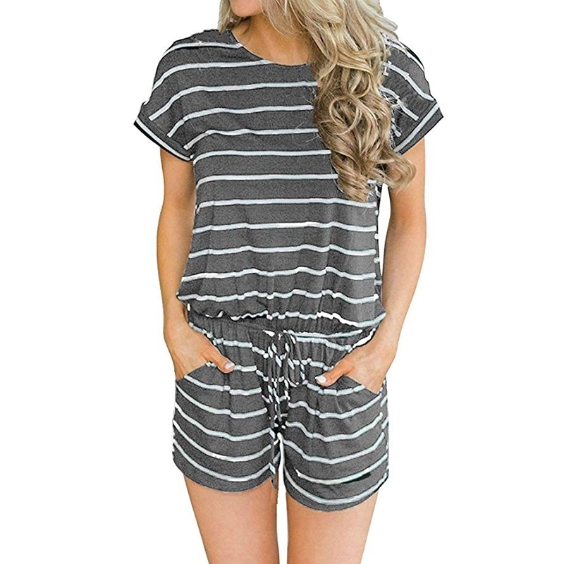 

Women's Summer Striped Jumpsuit Shorts Casual Loose Short Sleeve O-neck Playsuits Female Rompers Pockets Overalls Plus Size K005 T200701, White striped