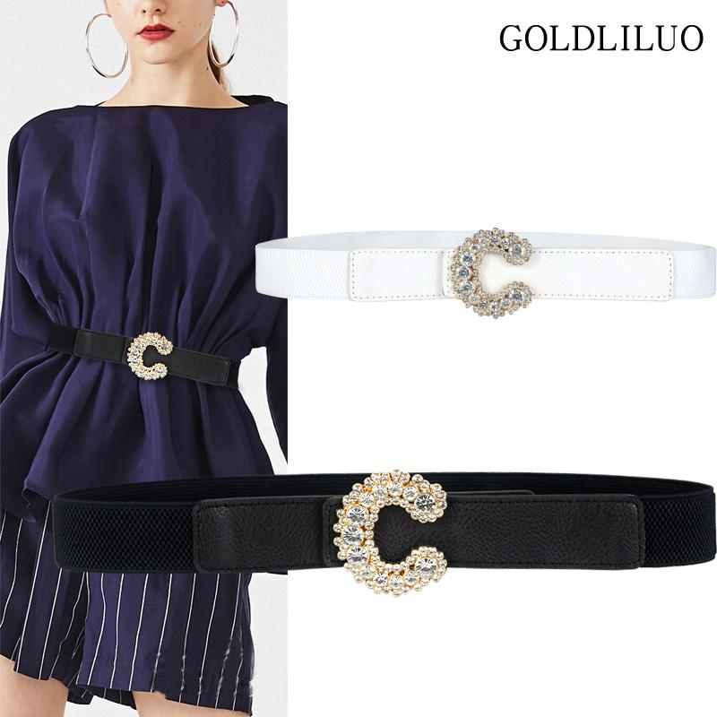 

Belts Fashion Women's C-Shaped Diamonds Buckle Elastic Leather Cummerbunds Female Dress Corsets Waistband Decoration Thin Belt, White