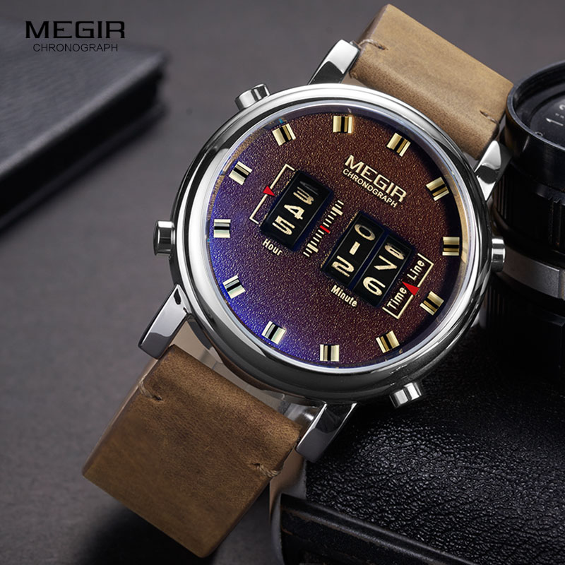 

wholesale MEGIR 2020 New Watches Men Military Sport watch Brown Leather Quartz Wrist Watch Luxury Top Band 2137, Ml2137g-brown black