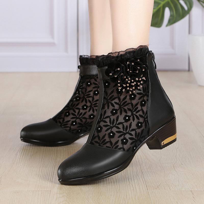 

Thick Mid Heel Genuine Leather Lace Leaf Cut Out Pearl Pendant Glitters Summer Women Sandals Ankle Boots Plus Size 35-43 SXQ0523, Black