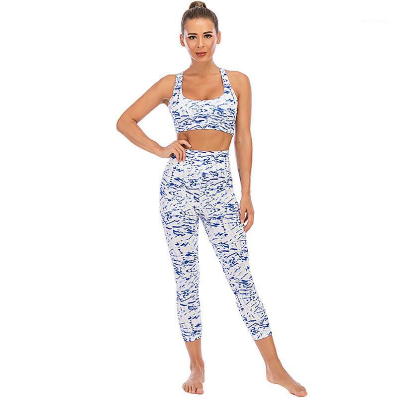 

New Print Sportswear Yoga Suit Set Women 2021 Lace Up Back Tracksuits Female High Wiast Workout Clothes Quick Dry For Fitness1, Blue