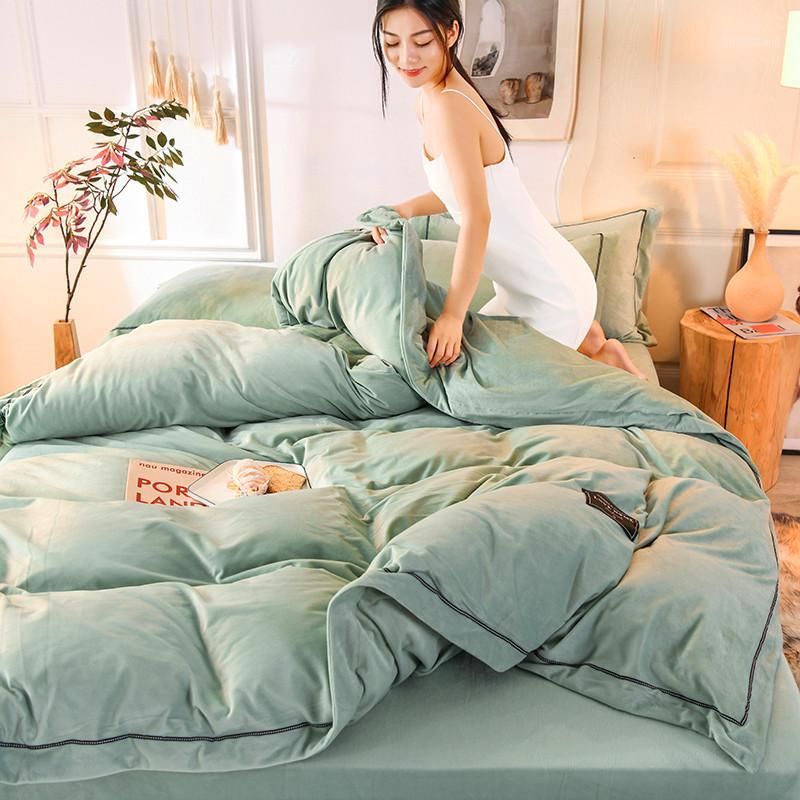 

Bedding Sets Modern Style Crystal Velvet Baby 4pcs Duvet Cover Pillowcases Bed Sheet Solid Bean Green Pink Purple Red