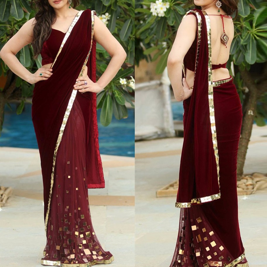 

Burgundy Formal Dress gala jurken India Woman Saree Prom Gown Sheath Sequins Velvet vestido formatura 3 Pieces Prom Dresses, Red