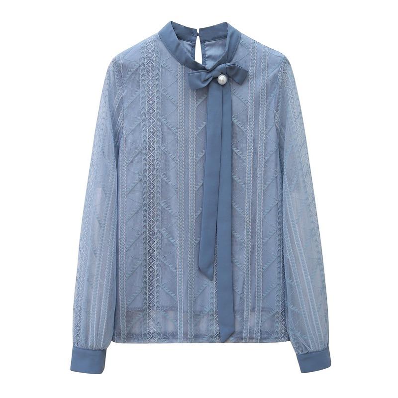 

Blouse Women Blusas Mujer De Moda 2020 Long Sleeve Women Blouses Shirts Bow Stand Collar Lace Blouse Shirt Tops Blusa D495, Apricot
