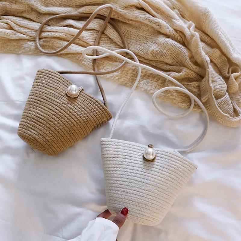 

Fashion Design Women Bag Khaki Pearl Shoulder Knitting Bag Shopping Bucket Bags Crossbody Straw Lady Female Casual Handbag