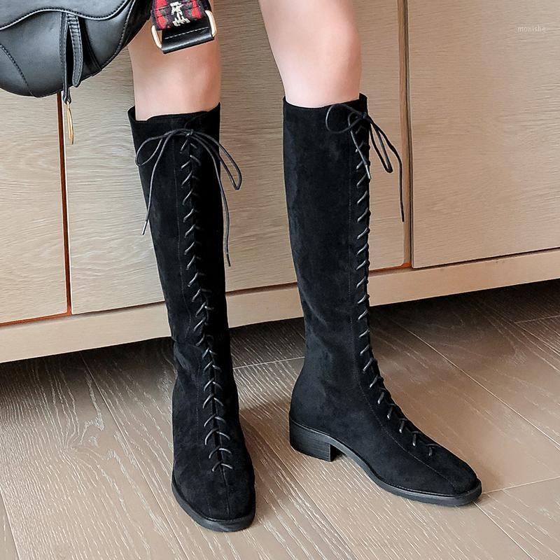 

Women's genuine leather lace-up flats knee high knight boots square toe female winter warm plush motorcycle long boots shoes hot1, Black matte leather