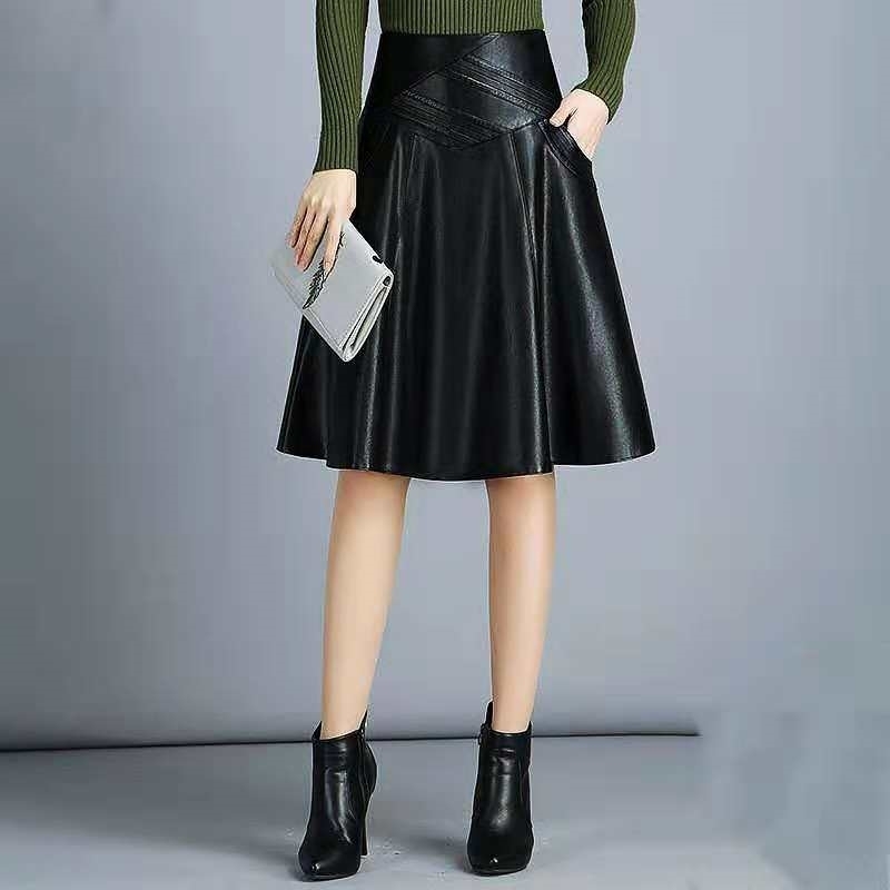 

High Waist Leather Sheepskin A-Line Skirts Elegant Black Skirt Korean Womens Female Indie Folk Knee Length Ladies Office Skirt 201110