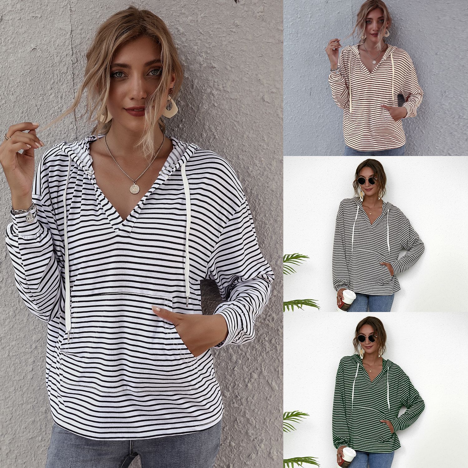 

2021 Spring and New Autumn Joker Loose Hoodie Contrast Striped Top Female Wauo