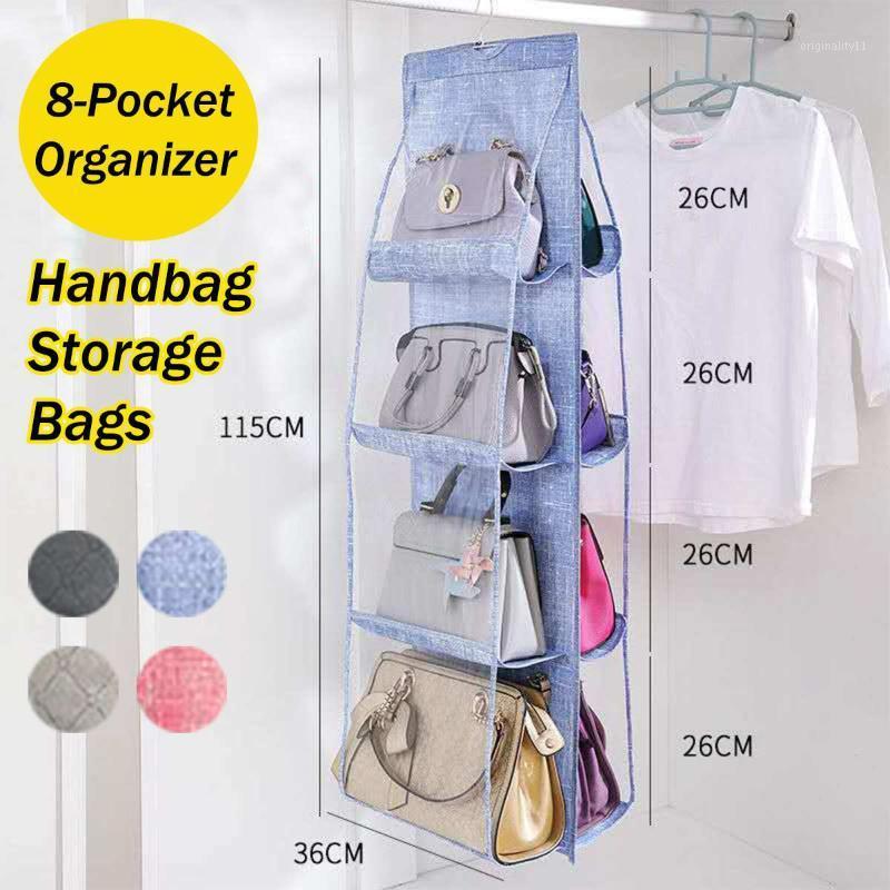 

8 Pocket Hanging Folding Storage Bag Purse Handbag Tote Dustproof Double-Sided Foldable Wardrobe Organizer Home Closet Hanger1, Beige