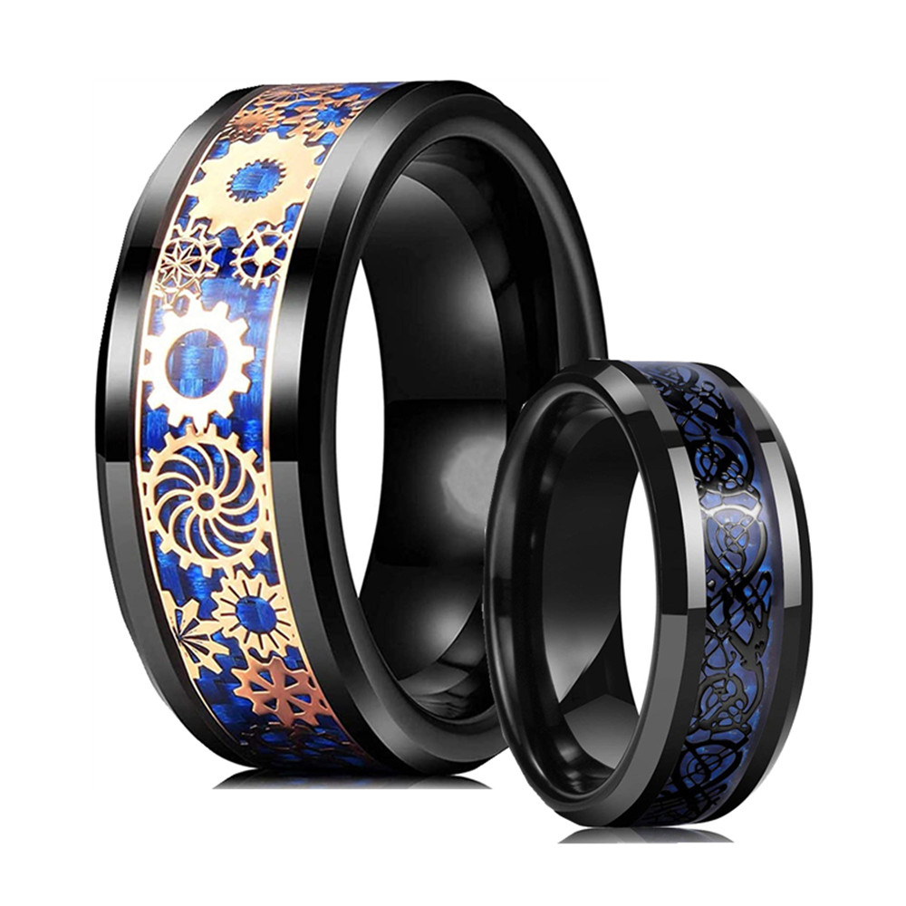 

Trendy Men Steampunk Gold Gear Wheel Tungsten Carbide Rings Vintage Punk Black Dragon Pattern Ring Inlay Blue Carbon Fiber Rings
