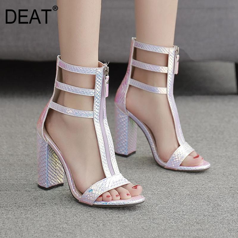 

DEAT]2021 New Spring Summer Front Zipper Snake Pattern Hollow Out Narrow Band Laser Leather Sandals For Women Shoes Tide 10G665, Silver