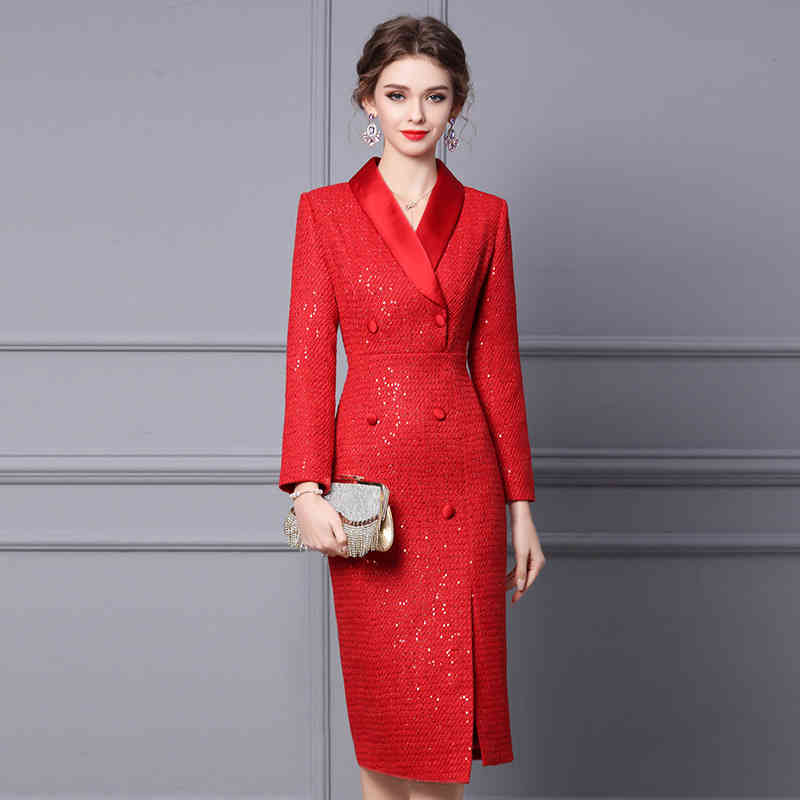 

Casual Dresses Zhili red dress women' autumn and winter tweed Sequin gold wire waist closing thin medium length skirt DLBY