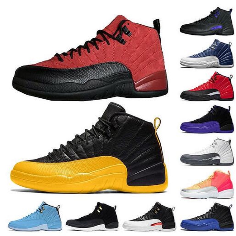 

Top Quality Trainer Satin basketball shoes 12s jumpman University Gold Stone Blue 12 Reverse Flu Game men sneakers shoes size us 13, Color 31