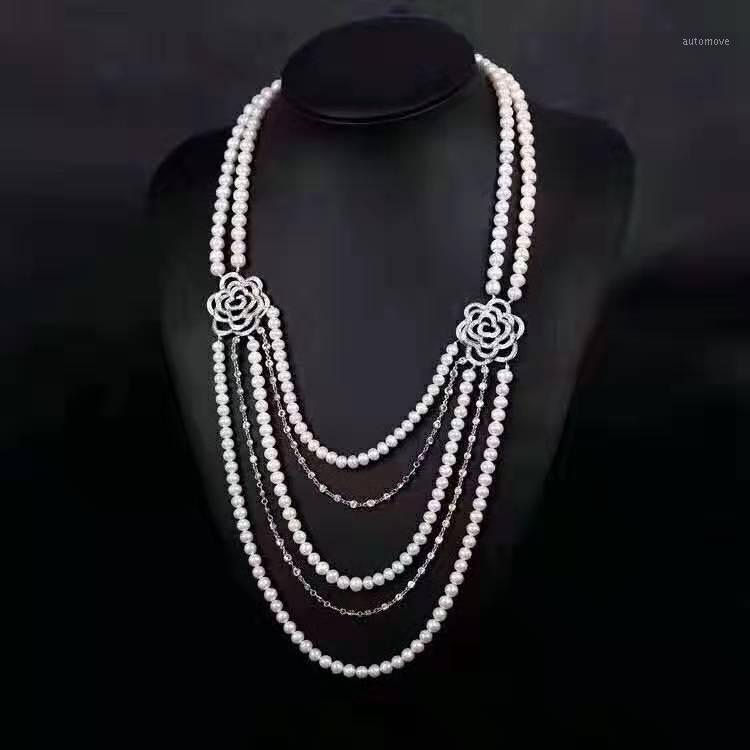 

Handmade 5strands white freshwater cultured pearl micro inlay zircon rose accessories sweater necklace long 45-52 cm1