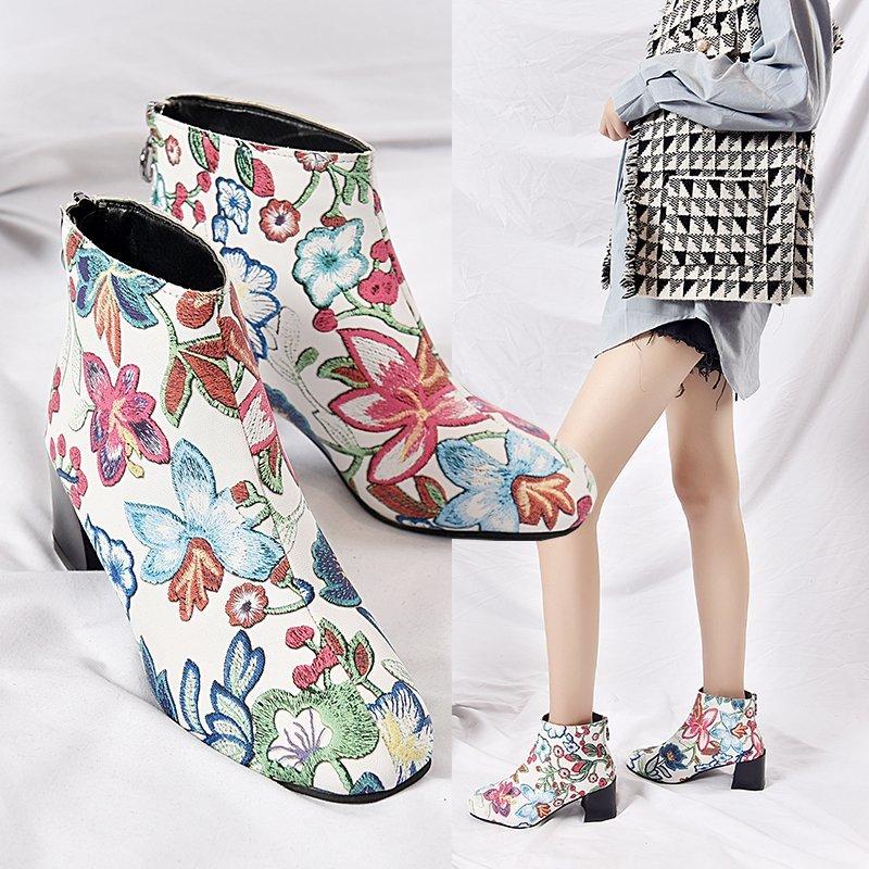 

Round Toe PU Ankle Boots for Women Autumn Fashion Thick Heels Pumps Women High Heels Lace-up Roman Short Boots for Flowers, Green