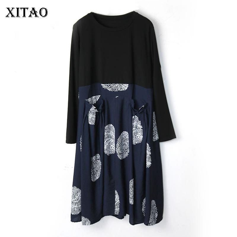 

XITAO Patchwork Print Pattern Pockets Dress Women 2020 Autumn Casual Fashion New Style Temperament Full Sleeve Dress DZL1692, Blue dzl1692