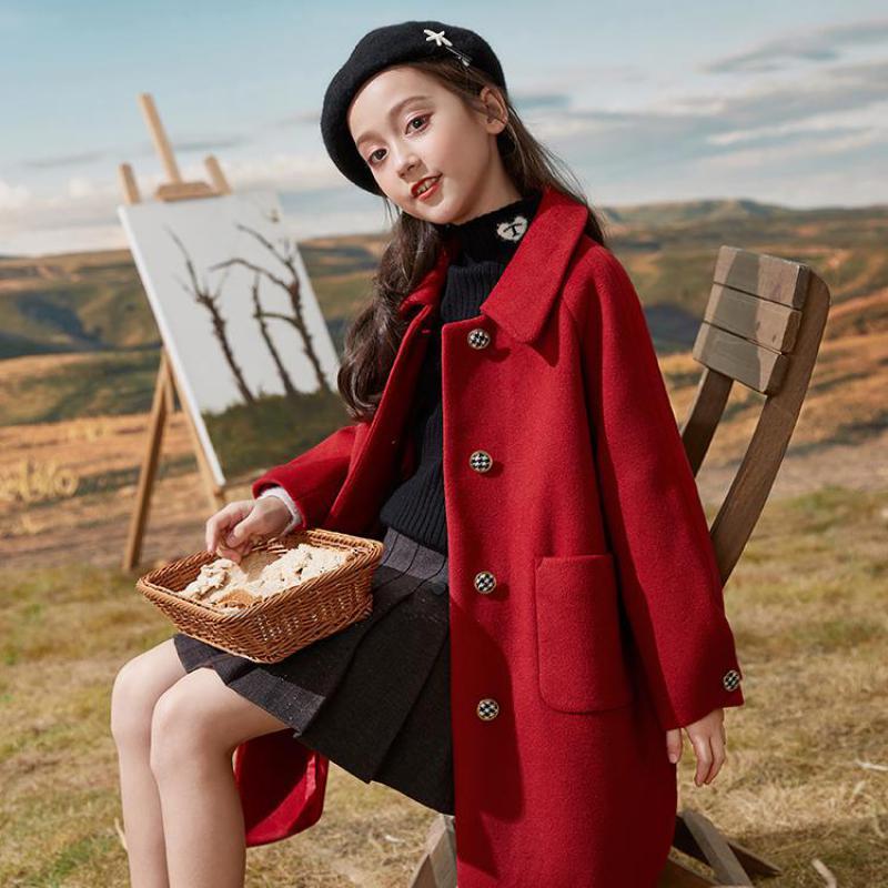 

Winter Girls Classic Long Jackets England Style Thicken Thermal Long Coats Kids Children Woolen Cloth Outerwear Overcoats, Red